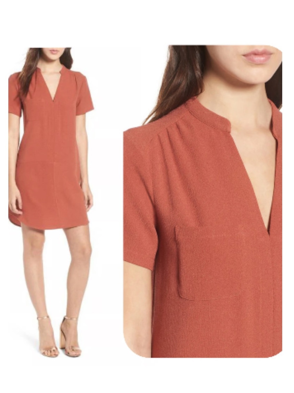 🔴 4/$15 Lush Women’s S Rust Orange V-Notch Neck SS Pullover Woven Dress in EUC